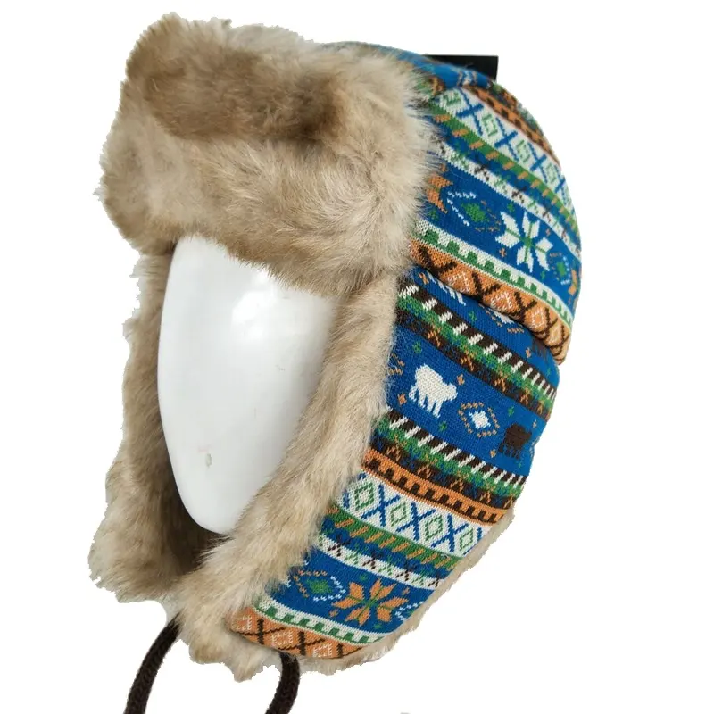 Custom Knitted Warm Ski Team Hat Russian Women Men Aviator Trapper Hat with Faux Fur Lining Earflaps Winter Hat