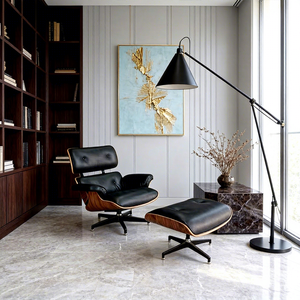 เก้าอี้ห้องนั่งเล่นและห้องนอนระดับไฮเอนด์ พร้อมออตโตมัน เก้าอี้พักผ่อนหนังแท้สีดำทันสมัย พร้อมที่วางเท้า พนักพิงไม้ เหมาะสำหรับล็อบบี้โรงแรม - Product Image 3