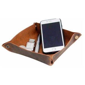 Custom Logo Genuine Crazy Horse Leather <b>Bedside</b> <b>Storage</b> Organizer Key Catchall Valet Leather Jewelry Tray - Product Image 1