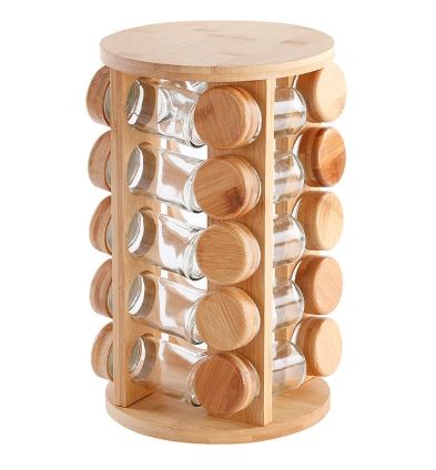 ชั้นวางไม้ไผ่พร้อมขวดเครื่องเทศ 20 ชิ้นพร้อมฝาไม้ไผ่