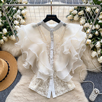 Kemeja Wanita Gaya Prancis Musim Panas, Elegan dengan Ruffle dan Aksen Renda, Kerah Tegak, Blus Ringan