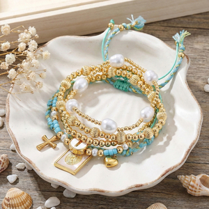 ชุดกำไลข้อมือ Go2boho ลายกางเขนพระเยซูและพระแม่มารี ประดับมุกและลูกปัดเทอร์ควอยซ์ ชุบทอง ผลิตภัณฑ์คริสเตียน เครื่องประดับ ของขวัญสำหรับผู้หญิง - Product Image 4