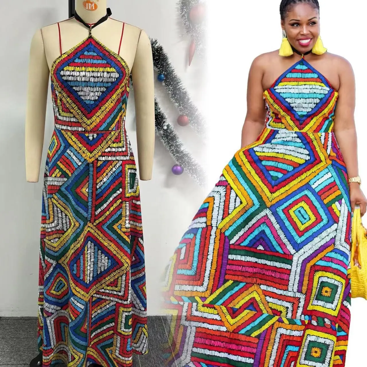 アフリカのファッション2024エレガントな女性セクシーなホルターバックレス伝統的なロングマキシドレスホリデードレス