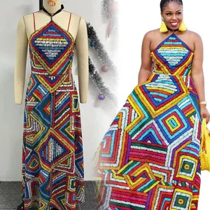 African Fashion 2024 Elegant Women Sexy Halter Backless Traditional Long Maxi Dress Holiday Dress