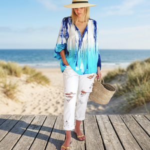 Blusa de seda de talla grande con mangas abullonadas y efecto tie-dye, cuello en V y dos lazos, estilo primavera 2019 - Product Image 3