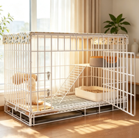 Cage carrée pour animaux de compagnie à structure en fer, grande porte latérale, échelle d'escalade, plateforme supérieure, double plateau coulissant en plastique, fermeture auto-agrippante, motif à carreaux