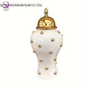 <span class=keywords><strong>Vase</strong></span> à fleurs en céramique blanc et or, style européen, <span class=keywords><strong>rond</strong></span>, avec des perles dorées décoratives, pot à gingembre de luxe général, pour la décoration de la maison - Product Image 4