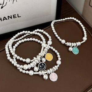 Pulsera de Plata de Ley S925 con Cara Sonriente y Perlas para Mujer, Joyería con Dijes de Dibujos Animados, Diseño de Cuerda Elástica para Uso Diario - Product Image 4
