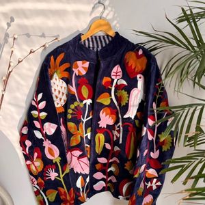 Hand Embroidered Velvet Quilted Bomber <b>Jacket</b> Women's <b>Mandarin</b> <b>Collar</b> Floral Pattern Full Sleeve Autumn/Cotton Zipper Closure - Product Image 1
