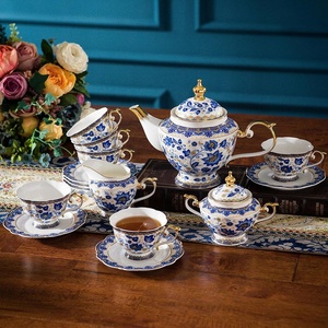 Bone China Tea Set of 6 Blue and White Porcelain Cup and Saucer Vintage <b>Floral</b> Tea Sets Teapot for Tea Party or Gift Giving - Product Image 1