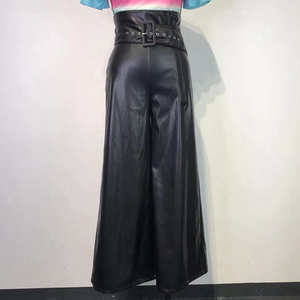 2022 elegante giallo nero con cintura a vita alta <span class=keywords><strong>pantaloni</strong></span> <span class=keywords><strong>in</strong></span> ecopelle a gambe larghe da donna - Product Image 4