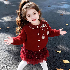 Nuovo set coreano di design rosso e grigio, gonna corta elegante con paillettes e cardigan per ragazza - Product Image 5