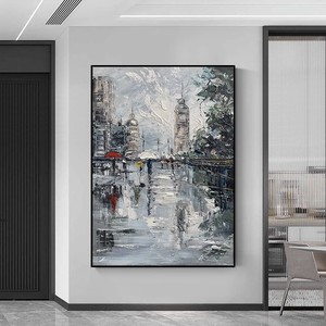 Peinture à l'huile peinte à la main, rue parisienne sous la pluie, cadre noir rectangulaire, art impressionniste abstrait, toile décorative pour entrée - Product Image 4