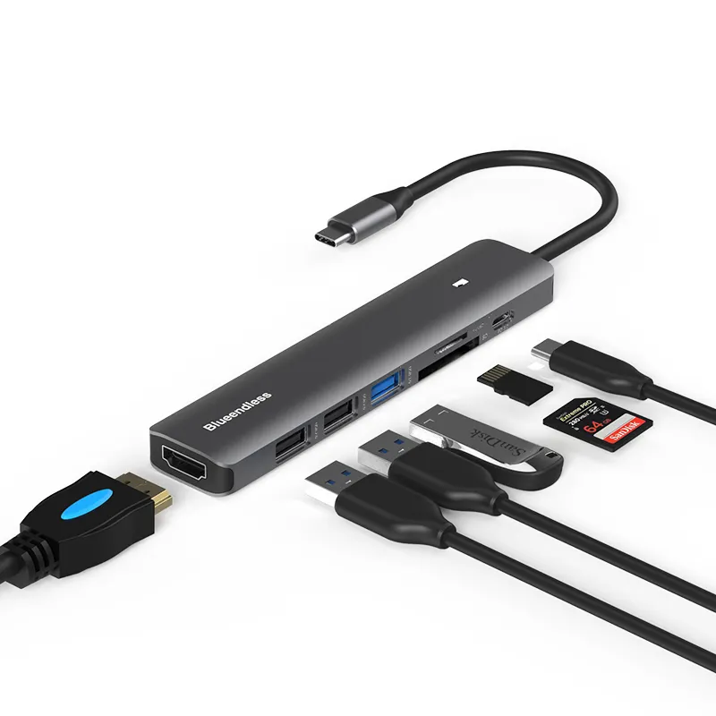 7 в 1 USB C концентратор порт концентратор 4K дисплей 100 Вт PD USB3.0 USB2.0 порт концентратор для ноутбука