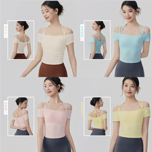 เสื้อครอปแขนสั้นสำหรับออกกำลังกาย ผู้หญิง ทรงเข้ารูป คอผูกแบบฮอลเตอร์ ไม่มีสายคล้องไหล่ พร้อมฟองน้ำเสริม ผลิตโดย OEM เหมาะสำหรับพิลาทิส โยคะ - Product Image 2