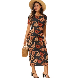Indossa su misura ogni giorno elegante abito stampato su richiesta Shaka segno a mano gonna lunga girocollo a maniche corte di alta qualità da donna - Product Image 2