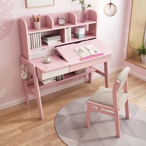 Silla de escritorio de estudio para niños de madera maciza de estilo Popular para estudiantes de escuela en casa, escritorio para niñas con combinación de estantería - Product Image 3