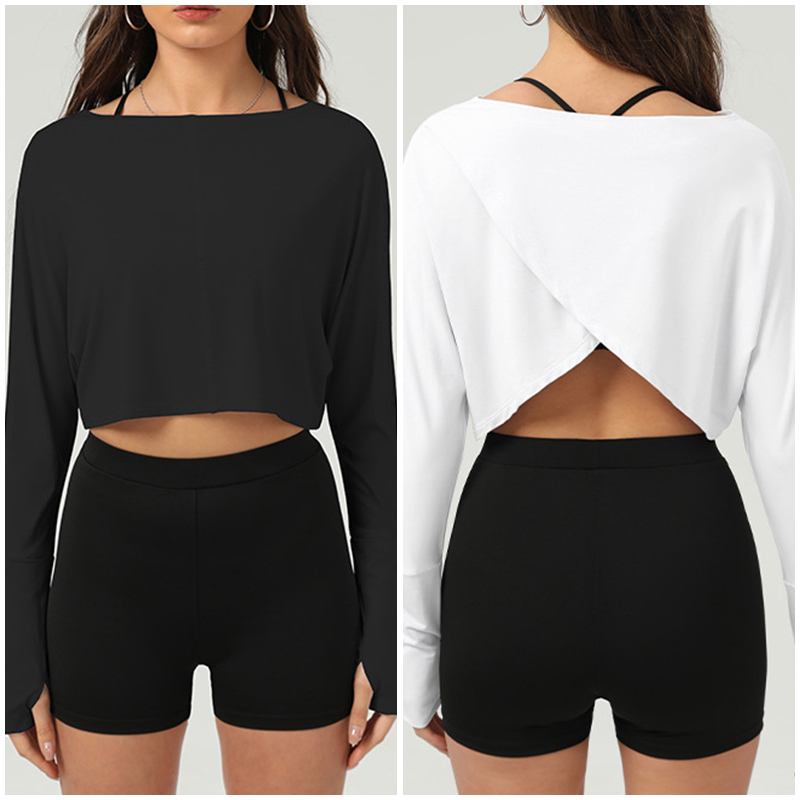 Women Long Sleeve Top with Thumb Holes Quick-dry Athletic One-Shoulder Hollow Lightweight Breathable Running Back Yoga Top