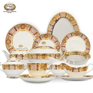 Service de vaisselle doré de luxe en porcelaine fine 98 pièces rouge style européen en gros