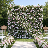 Mur de fleurs artificielles 3D avec des roses blanches et roses claires et des feuilles vertes, décoration de toile de fond pour cérémonie de mariage