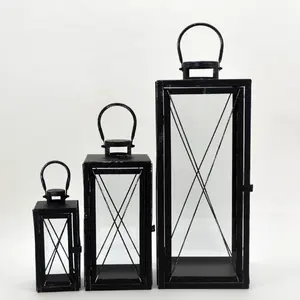 Simple Black Set of 3 classic metal lantern home decorative floor stand lanterns candle