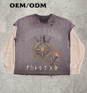 Camiseta Personalizada con Estampado DTG Vintage y Pedrería, Estilo Urbano, de Manga Larga 2 en 1, Lavado Ácido, para <span class=keywords><strong>Hombre</strong></span> - Product Image 1