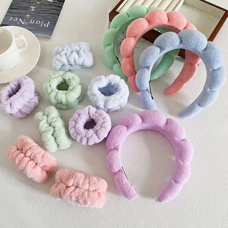 Custom Terry Towel Cloth Spa Wrist Washband Face Wash Set Puffy Sponge Makeup Elastic Hairband Non Slip Padded Soft Headband