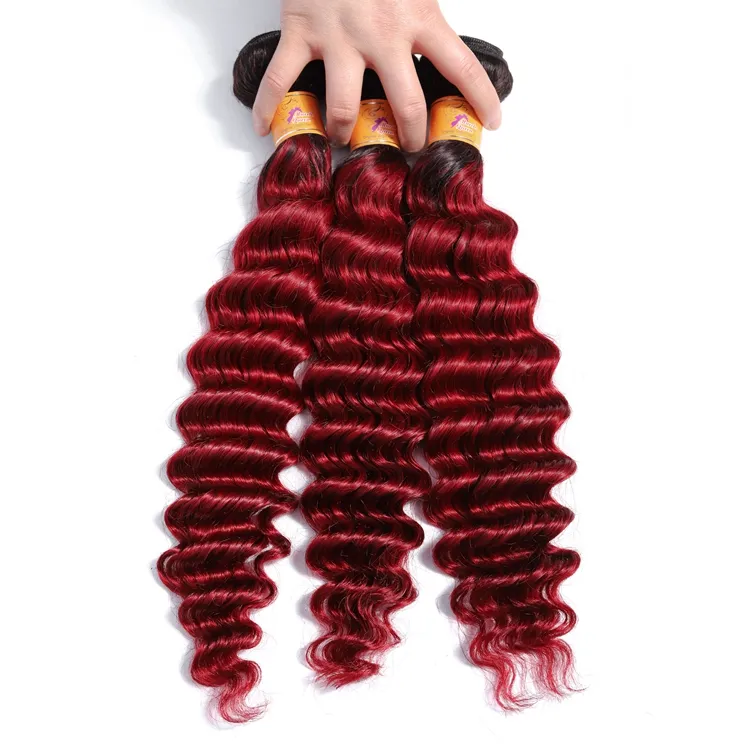 Free sample Raw 1b/Burgundy# Deep Wave RED Virgin Peruvian human hair Supplier, Ombre Human Hair Bundles