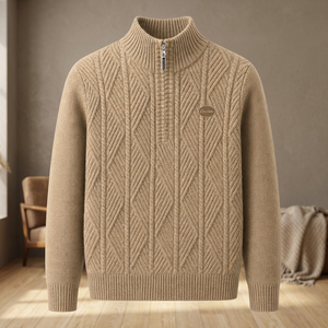 <b>Men's</b> Beige Half Zip Knit <b>Sweater</b> Thick Textured <b>Turtleneck</b> Pullover - Product Image 3