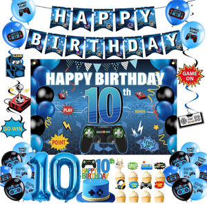 Decoración para Fiesta <span class=keywords><strong>de</strong></span> 10 Años con Temática <span class=keywords><strong>de</strong></span> Videojuegos: Banderines, Pósters, Guirnaldas, Serpentinas, Globos <span class=keywords><strong>de</strong></span> Número, Globos Impresos, Adornos para Pastel - Product Image 1