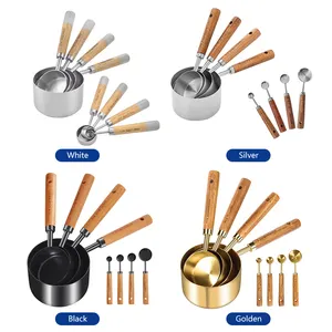Customized 8 PCS Stainless Steel Acacia Wood Handle Gold Digital Measuring Cups And Spoons Set For Kitchen Baking