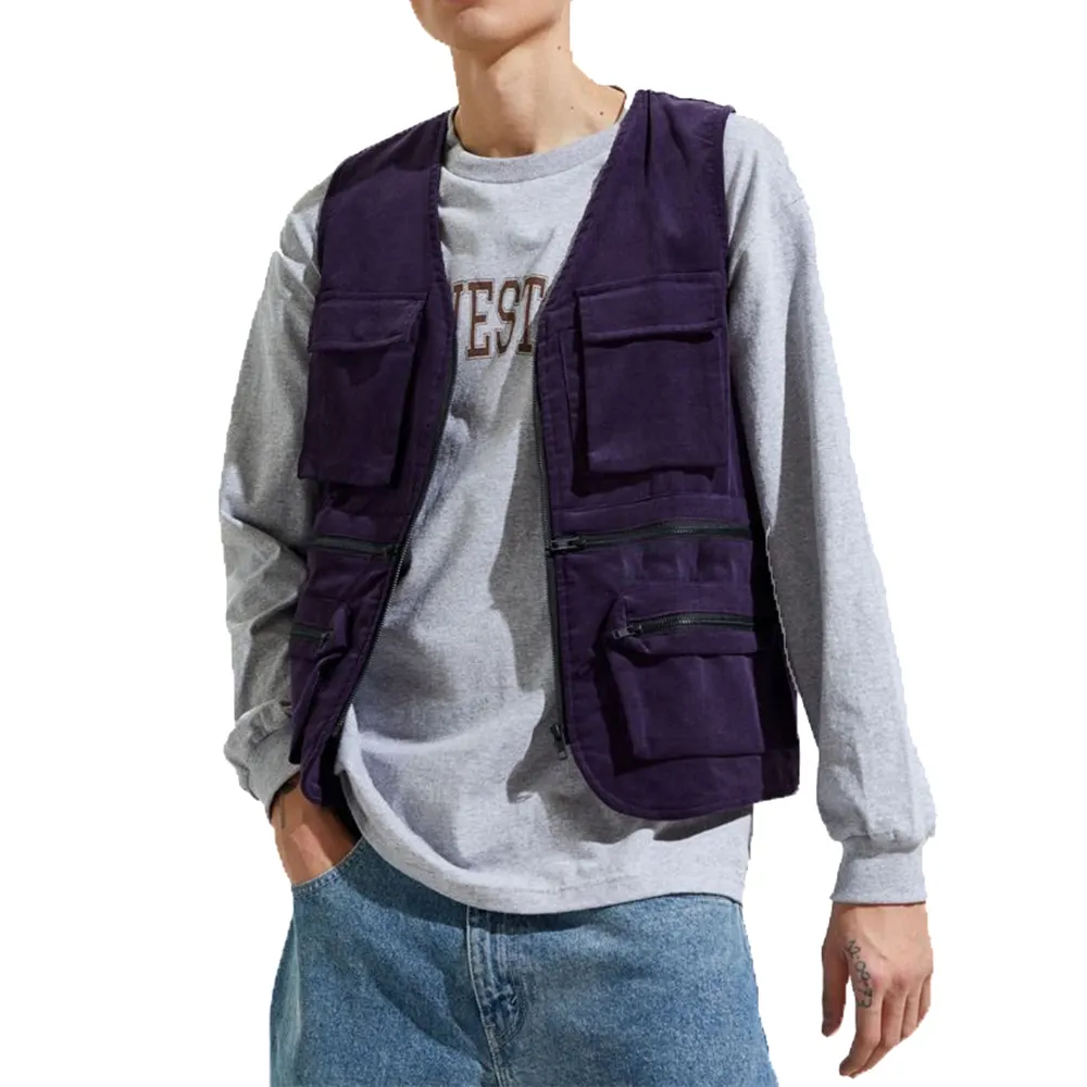Oem factory mens 100% cotton zip up winter streetwear purple corduroy cargo work vest