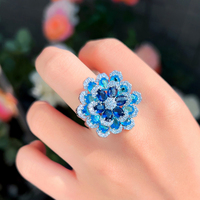 Bague Fleur Grande Taille Ajustable en Zircon Cubique Bleu de Luxe pour Femme, Accessoire de Robe de Mariée et de Soirée