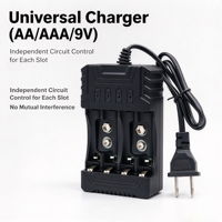 Chargeur de piles rechargeables indépendant à quatre emplacements AA/AAA/9V, entrée 100-240V, sortie 1.2V-800mA, arrêt automatique, pour appareil photo et microphone