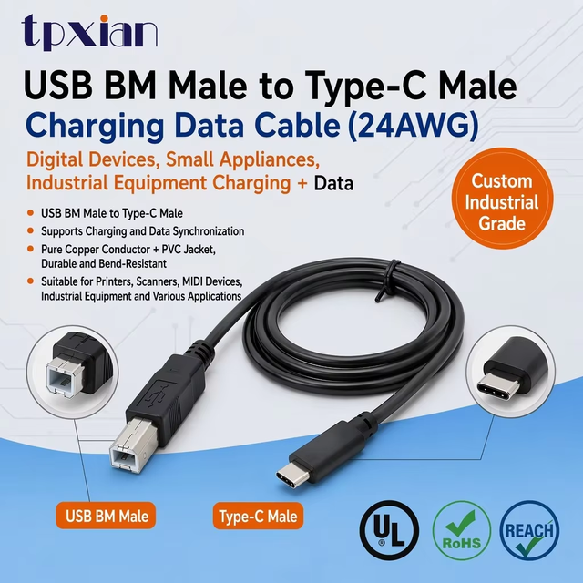 Factory OEM USB BM Male to Type-C Male Cable UL2464 24AWG USB2.0 Data Charging Cable for Printer Industrial Equipment