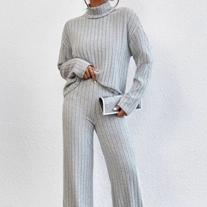 Ensemble décontracté deux pièces automne-hiver pour femme, col montant, manches longues, pantalon large, couleur unie, taille XS, tenue quotidienne - Product Image 1