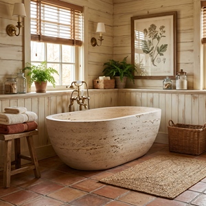 อ่างอาบน้ำหรูหราสั่งทำพิเศษสไตล์โมเดิร์น หินอ่อนโรมันแท้/หินอ่อนทราเวอร์ทีนโรมาโน แบบตั้งพื้นสำหรับแช่ตัวในห้องน้ำ วิลล่า โรงแรม - Product Image 1