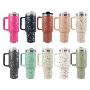 Stainless Steel Tumbler 40oz Laser Bull Head Design <b>Insulated</b> Travel <b>Mug</b> With Handle And Straw - Product Image 2