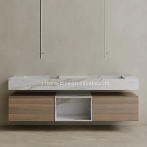 Meuble sous lavabo double flottant en marbre Arabescato Orobico Meuble de salle de bain mural surdimensionné avec tiroirs de rangement en bois - Product Image 6