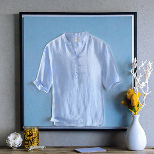 Camiseta de Manga Corta para Hombre, 100% Lino, Cuello en V, Tejido Informal, Liso, Teñido, Popular en Verano, Gran Venta - Product Image 3