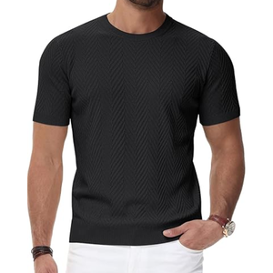 Camiseta Casual de Hombre, 100% Viscosa, Corte Ajustado, Manga Corta, Cuello Redondo, Tejido Jacquard, Diseño Liso, Suave - Product Image 1