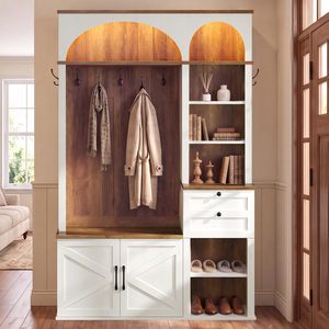 SENYU Farmhouse Coat <b>Rack</b> with 6 Hooks 4 Shelves <b>Storage</b> Cabinet for Entryway Living Room Furniture Solid <b>Wood</b> Freestanding - Product Image 1