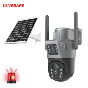 VESAFE户外2K V380廉价家用4g太阳能安全摄像机IP66防风雨4MP双镜头自动运动跟踪4G
