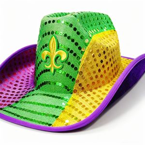 Sombrero de Disfraz de Vaquero de Mardi Gras con Lentejuelas Brillantes de Color Morado, Verde <span class=keywords><strong>y</strong></span> Dorado con Luces LED - Product Image 4