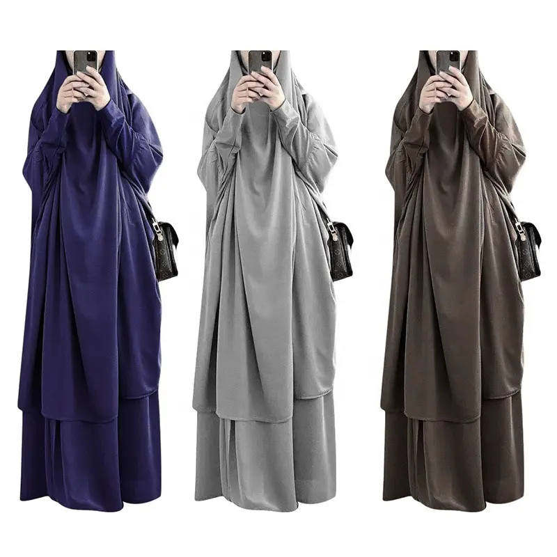 最新のオーバーヘッドキマルアバヤ2ピースニダジルバブラマダンアバヤドバイ女性用イスラム教徒のドレス