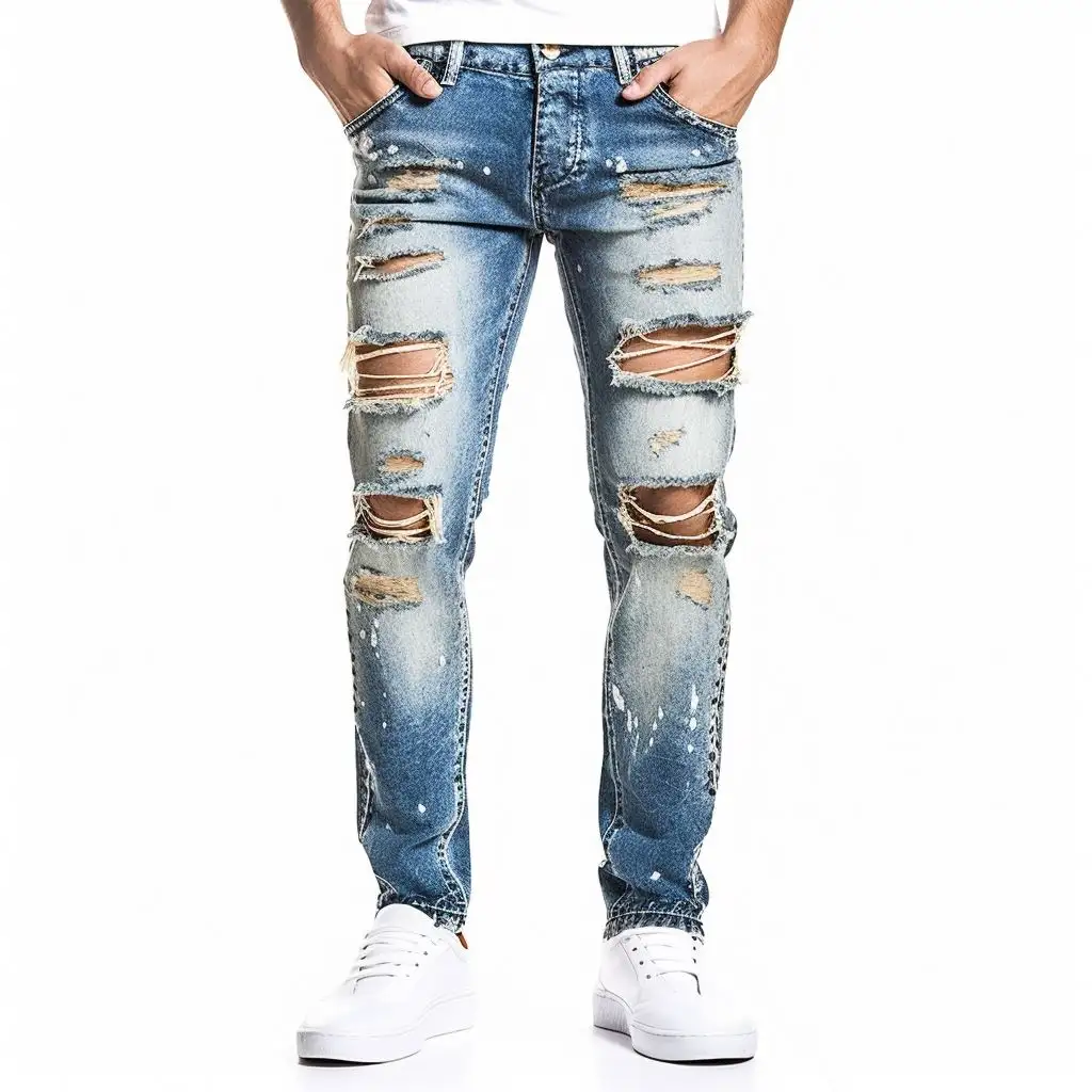 Dongguan Factory Oem Custom Men Skinny Plus Size Jeans Trousers Blue Distressed Jeans Ripped Jeans