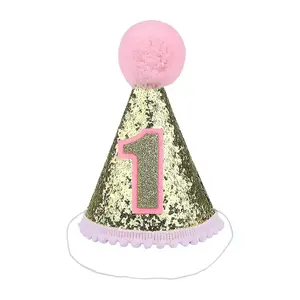 첫 번째 생일 파티 용품 아이 골드 반짝이 블루/핑크 첫 번째 생일 아기 소년 소녀 콘 모자 Pom Poms