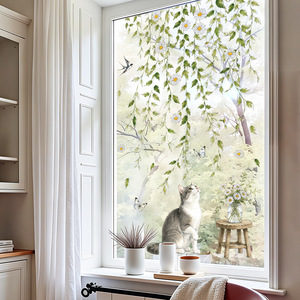 Adesivo Decorativo per Finestre con Motivo Naturale di Foglie Verdi, Margherite, <span class=keywords><strong>Farfalle</strong></span> e Uccelli, Ornamento per Finestre di Casa - Product Image 4