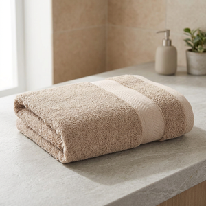 Serviette de bain en coton biologique doux, beige, à carreaux, bordure en dobby, écologique, douce pour la peau, pour hôtel - Product Image 1