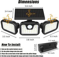 Lámpara Solar para Jardín y Garaje, 3 Cabezales, Sensor de Movimiento, IP54 Impermeable, Luz de Pared con Ángulo Amplio de 270°, 3 Modos, 74 LED